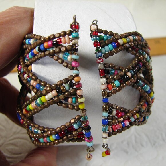 Vtg Criss Cross Wire & Bead 2" Cuff BRACELET, Bronze & Multicolored G26L - Picture 6 of 9